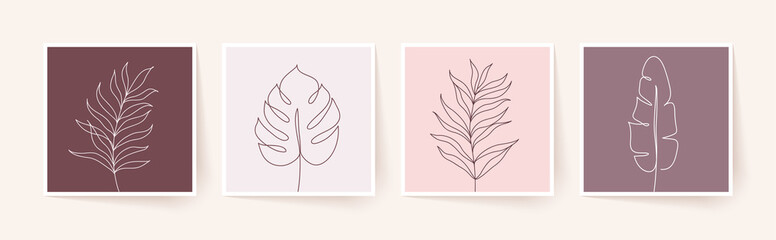 One line drawing of tropical palm leaves. Modern single line art. Vector illustration.