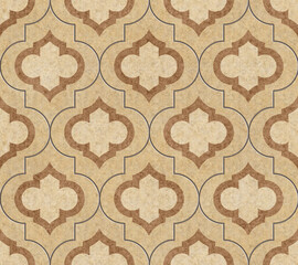 Arabesque tiles. 3D rendering seamless eastern pattern for ceramic tiles for 3D project. Tile design for bathroom and kitchen. Geometric decor. Pool. Luxury interior. Beige.