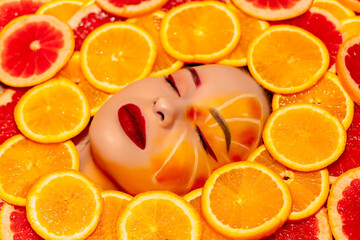 the girl's face is covered with orange slices
