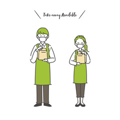 マスク着用で紙袋を手渡す男女の店員のイラスト素材