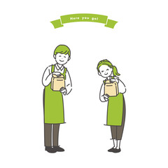 紙袋をかわいく手渡す男女の店員のイラスト素材