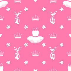 vector seamless pattern featuring tutu, pointe shoes, crowns and flowers