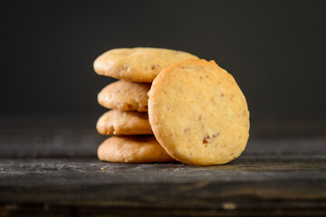 Pile of oat cookies on wooden table
