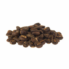 Roasted coffee beans, isolated on white background. Close-up shot of delicious arabica beans, pile or group of objects, cut out