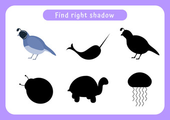 Worksheet find right shadow. Educational game for children. Trains attention and concentration.