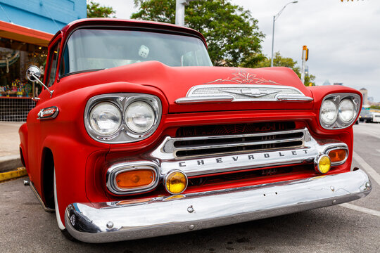 Beautifully restored vintage Chevrolet pick up truck on Congress Avenue near downtown Austin, Texas
