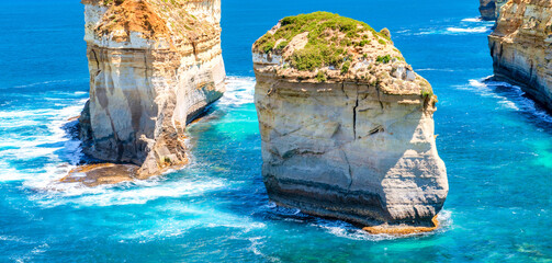 Loch Ard Gorge. Limestone stacks off the shore of Port Campbell National Park, by the Great Ocean...