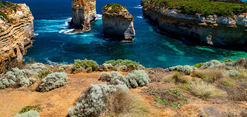 Loch Ard Gorge. Limestone stacks off the shore of Port Campbell National Park, by the Great Ocean...