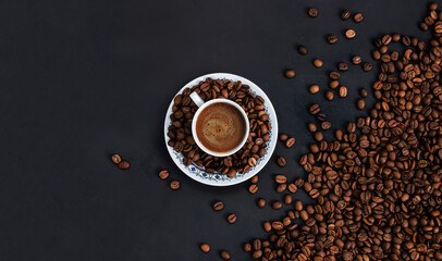 Turkish coffee concept, cup of coffee with coffee beans on rustic background