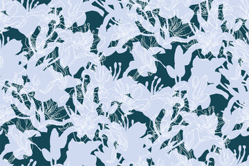 Winter spotted seamless pattern with white silhouettes of lilies flowers, buds and leaves drawn by hand in freehand style with solid fill background. Home textile, wallpaper, fabric, package.