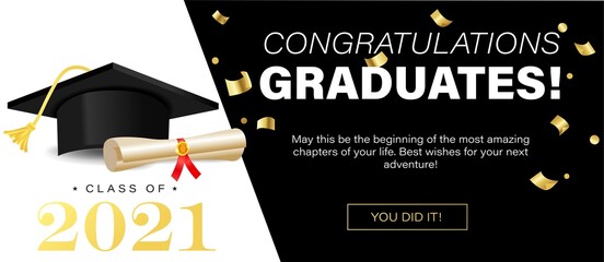 Congratulations graduates banner concept. Class of 2021. Graduation design template for websites, social media, blogs, greeting cards or party invitations.
