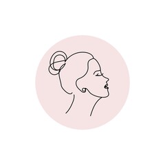 Fototapeta premium One line face art for avatar, logo, print, sign, beauty or fashion. Women's face side view with messy bun on pink background. Vector illustration. Continuous line art portrait.