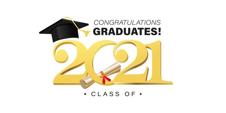 Class Of 2021 Design Template With Academic Cap. Congratulations Graduates Banner With Gold Typography. High School Or College Graduation Vector Illustration For Party Invitation, Ceremony, Photo,card