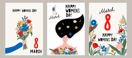 Fototapeta na wymiar Happy Women's day greeting card set. 8 March cute posters, cards, flyers for spring holiday. Women holding flowers, arm with a bouquet, floral background. International Women's day Vector illustration