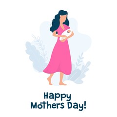 Happy mothers day greeting card with text vector illustration. Woman with baby and pink dress flat stye. International holiday and parenthood concept. Isolated on white background