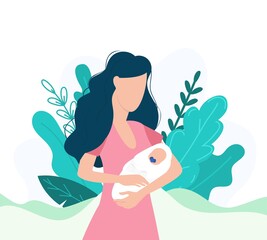 Faceless mother carefully holding newborn in arms vector illustration. Floral decoration flat style. Woman Take care of child. Lovely parenthood concept.Mama with a daughter or son vector illustration