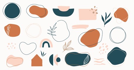 Set of hand drawn shapes in terracotta, navy blue and blush pink colors. Collection of organic shapes, logo, backgrounds,abstract design elements with floral decor.Vector illustration in earthy colors - obrazy, fototapety, plakaty