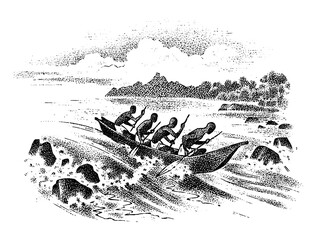 Rowers on a boat sail in the ocean or in the Rhine river. Sailing ships at sea. Strong curly waves. Seascape in vintage old style.  © artbalitskiy