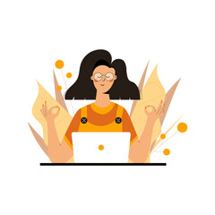 Businesswoman Meditating, Practicing Yoga Meditation at Workplace Sitting in front of laptop with nature and leaves background. Office worker or freelancer relaxes and meditates. Mind Tranquility