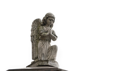sad angel statue on white background. concept of memory, religion, condolence, mourning card or obituary. copy space