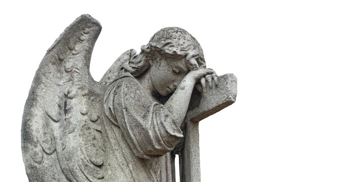 Fragment of sad angel statue on white background. concept of memory, religion, condolence, mourning card or obituary. copy space