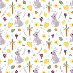 Easter seamless pattern with bunny, eggs, carrots and spring flowers for wrapping paper