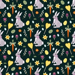 Easter seamless pattern with bunny, eggs, carrots and spring flowers for gift paper