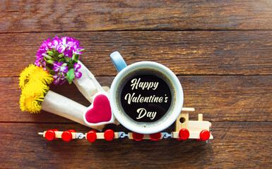  Happy Valentine's Day card, romantic love background with decorative train  flowers and heart cookies, cup of coffee,
