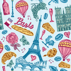 Paris seamless pattern in vintage retro style. France, eiffel tower and buildings. Retro doodle elements. Vector illustration. Hand drawn engraved retro sketch. Monochrome poster or banner.