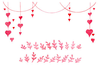 Valentine's day watercolor clipart. Banner with garland of pink hearts and twigs.