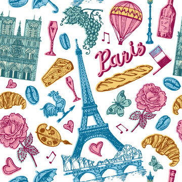 Paris seamless pattern in vintage retro style. France, eiffel tower and buildings. Retro doodle elements. Vector illustration. Hand drawn engraved retro sketch. Monochrome poster or banner.