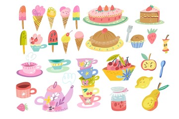 Cute Set of cakes, ice cream, tea cups and deserts in lovely color palette. 