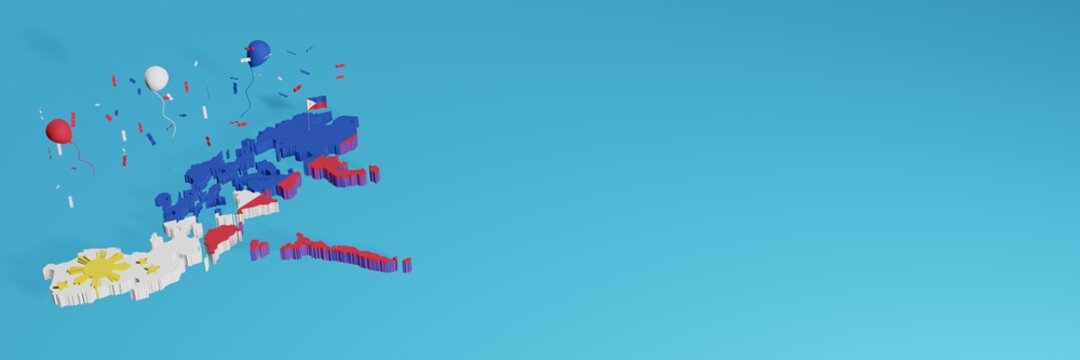 Map of the Philippines combined with flags for social media and website background covers, addition
Country colored balloons to celebrate national shopping day and national independence in 3d renderin - Powered by Adobe
