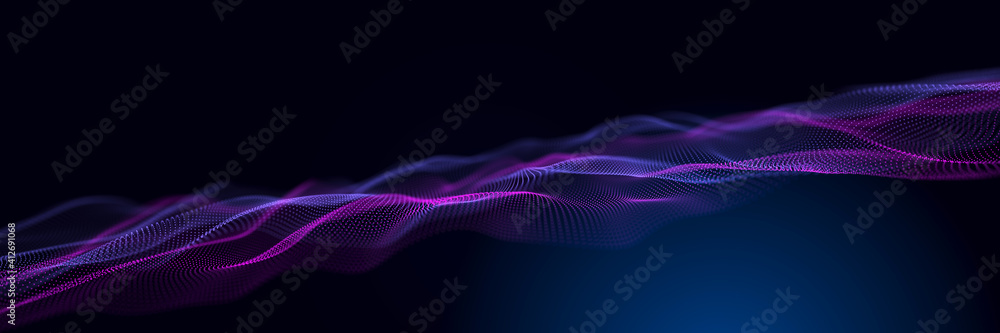 Aufkleber Abstract neon wave background in purple and blue tones. Visualization of computer virtual reality.3D rendering.