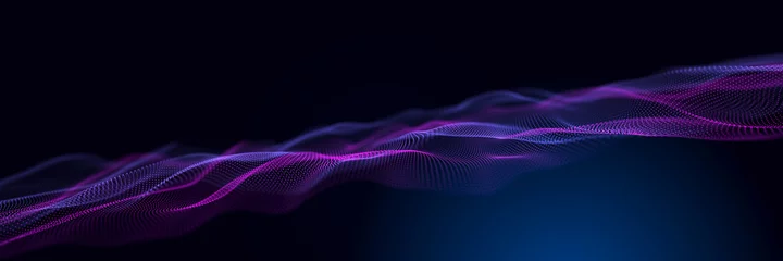 Foto op Aluminium Abstracte neongolfachtergrond in paarse en blauwe tinten. Visualisatie van computer virtual reality.3D-rendering. © Olena