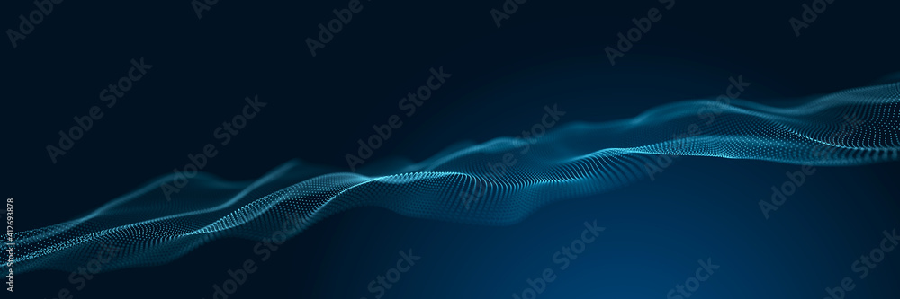 Fototapete Abstract neon wave background in blue tones. Visualization of computer virtual reality.3D rendering.