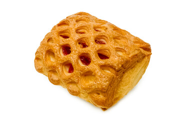 Sweet pastries. Puff pastry with jam. Isolated object on a white background. Healthy baked bread. One piece of bread on white