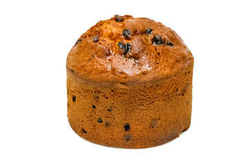 Cupcake with raisins. Sweet pastries. Isolated object on a white background. Healthy baked bread. One piece of bread on white