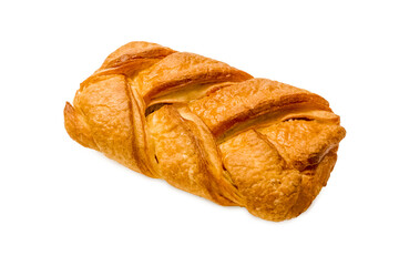 Sweet pastries. Puff pastry with jam. Isolated object on a white background. Healthy baked bread. One piece of bread on white
