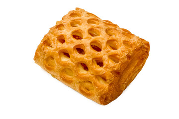 Sweet pastries. Puff pastry with jam. Isolated object on a white background. Healthy baked bread. One piece of bread on white