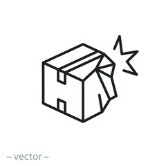 broken cardboard box icon, torn carton package, concept bad transportation, crumpled or squashed paper, delivery thin line web symbol on white background - editable stroke vector illustration