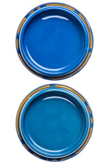 Two lid can of blue paint top view isolated on white background