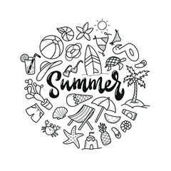 cute set of hand drawn summer doodles for prints, cards, stickers, coloring pages, product decor, posters, clipart, etc. EPS 10