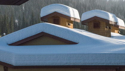 snow covered roof tops of ski chalets in ski village on cold sunny day outside with heavy snow fall triangular shapes of home exterior and vents on house 