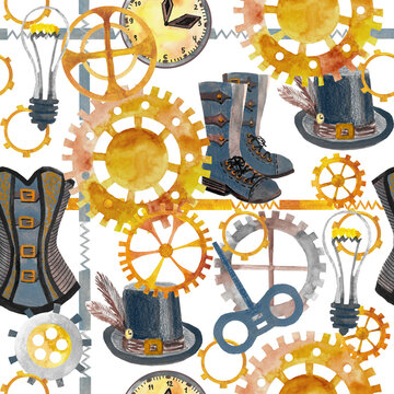 Watercolor pattern in the style of steampunk. Steampunk gears, corsets, hats, shoes.