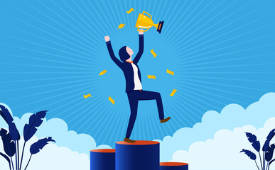 Businesswoman winner - Woman standing on podium, cheering with trophy in hand. Celebrating victory and success concept. Vector illustration.