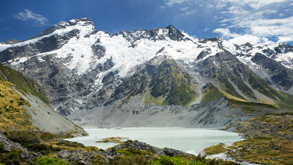 new zealand landscape. Mountains new Zealand Landscape. Mt Cook national park Mueller lake, Mountaon Scenic view alpine lake and mountain peaks with blue sky.