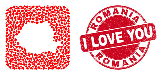 Vector collage Romania map of valentine heart elements and grunge love seal. Mosaic geographic Romania map constructed as stencil from rounded square shape with love hearts.