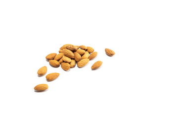 Almond nuts on a white background, appetizing almond nuts