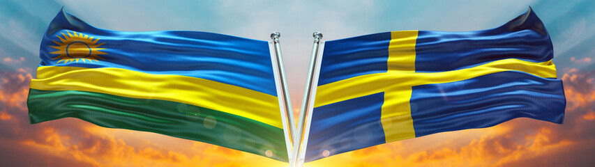 Sweden Flag and Rwanda flag waving with texture sky Cloud and sunset Double flag